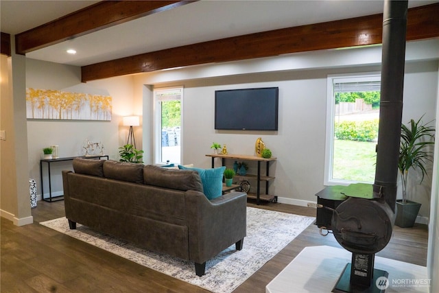 2205 135th Pl SE, Bellevue, WA 98005 - living room with healthy amount of natural light, beam ceiling, baseboards, dark wood-style floors, and recessed lighting