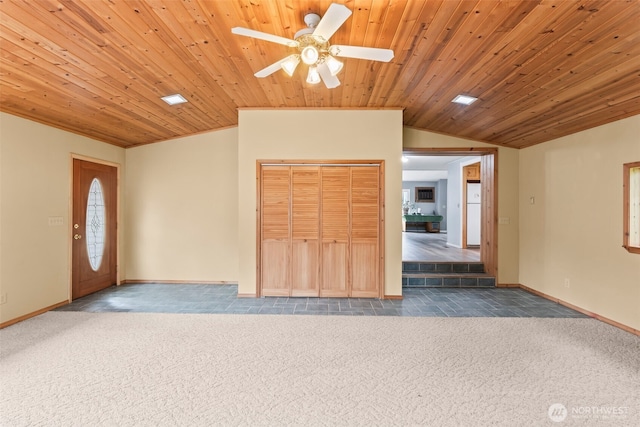 24709 148th Ave E, Graham, WA 98338 - entryway featuring vaulted ceiling, carpet, wood ceiling, baseboards, and a ceiling fan