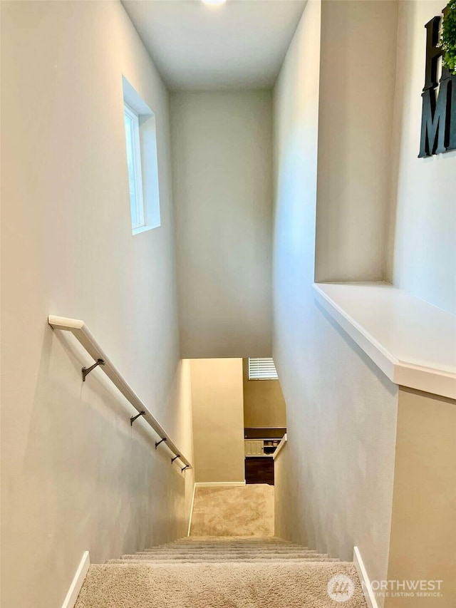stairs with baseboards and carpet floors