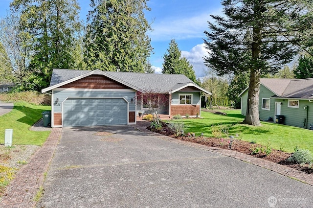 5786 Skagit Pl, Blaine, WA 98230 - ranch-style home featuring aphalt driveway, roof with shingles, an attached garage, and a front yard