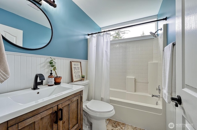 5786 Skagit Pl, Blaine, WA 98230 - full bathroom featuring vanity, shower / tub combo, wainscoting, and toilet