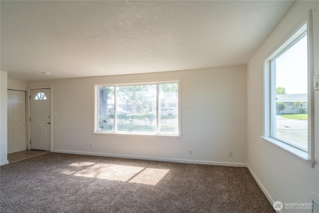 unfurnished living room with baseboards, a wealth of natural light, a textured ceiling, and carpet floors