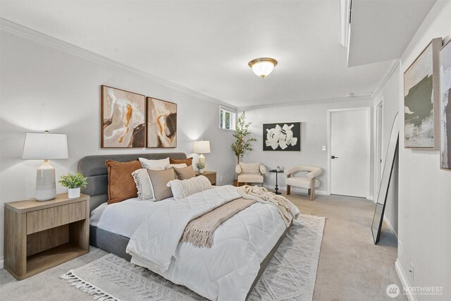 bedroom featuring baseboards, ornamental molding, and light colored carpet