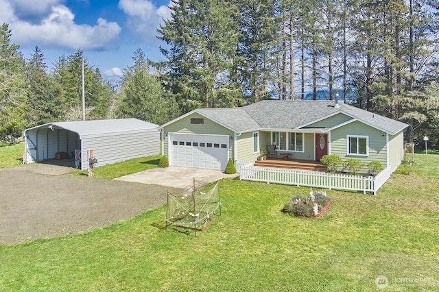 view of front of property with concrete driveway, a front lawn, a carport, and covered porch