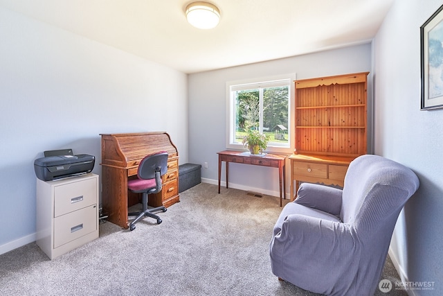 office with light colored carpet and baseboards
