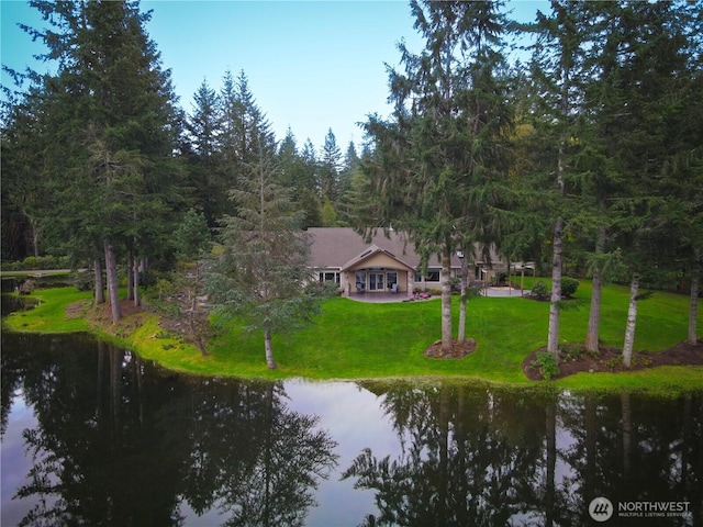 drone / aerial view featuring a water view