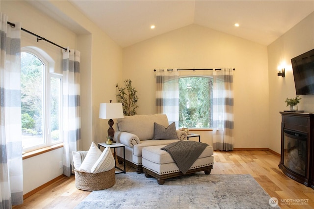 living area featuring wood finished floors, baseboards, and lofted ceiling