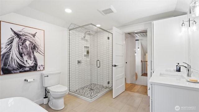 full bathroom featuring visible vents, vanity, toilet, recessed lighting, and a shower stall