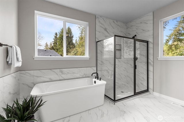 18116 83rd Ave NE, Kenmore, WA 98028 - bathroom with a marble finish shower, visible vents, marble finish floor, and a freestanding tub