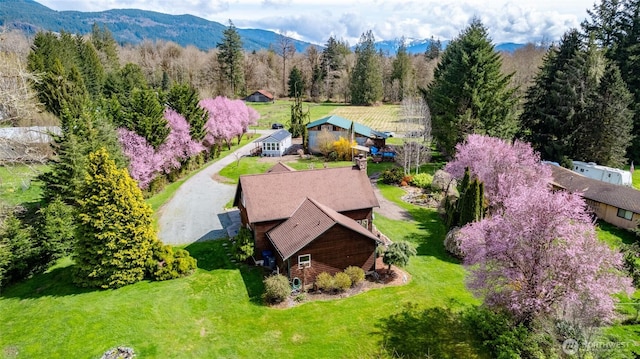 aerial view featuring a view of trees and a mountain view