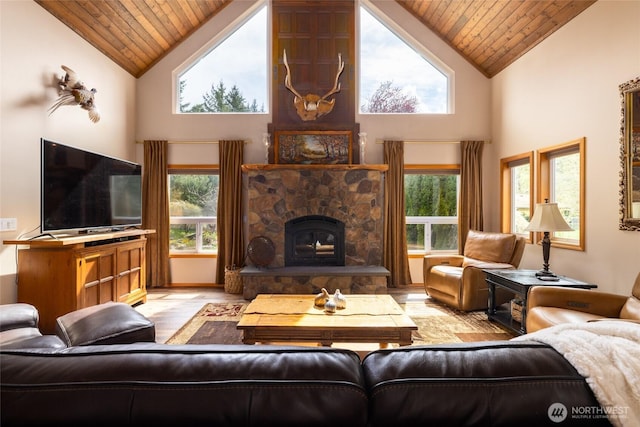 living area featuring high vaulted ceiling, light wood-style floors, and wood ceiling