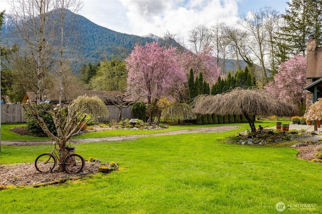 view of yard with a mountain view and fence