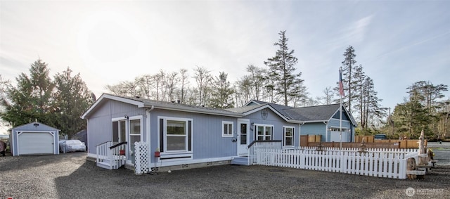 ranch-style house featuring crawl space, an outbuilding, and fence