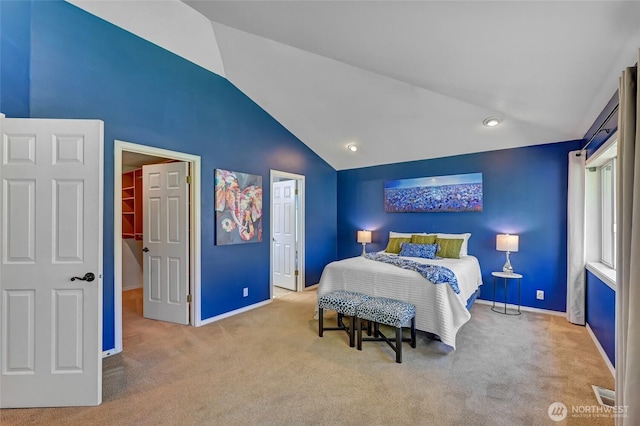 26225 Lake Wilderness Country Club Dr SE, Maple Valley, WA 98038 - bedroom with carpet, a spacious closet, a closet, baseboards, and high vaulted ceiling