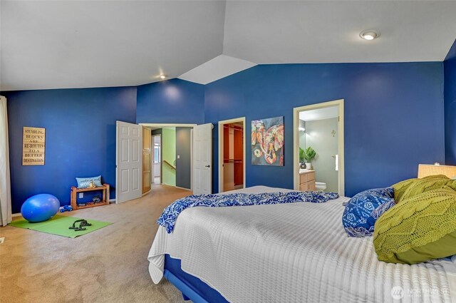 26225 Lake Wilderness Country Club Dr SE, Maple Valley, WA 98038 - carpeted bedroom featuring vaulted ceiling and ensuite bath