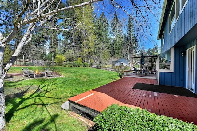 26225 Lake Wilderness Country Club Dr SE, Maple Valley, WA 98038 - view of yard with a fenced backyard, an outdoor fire pit, and a deck