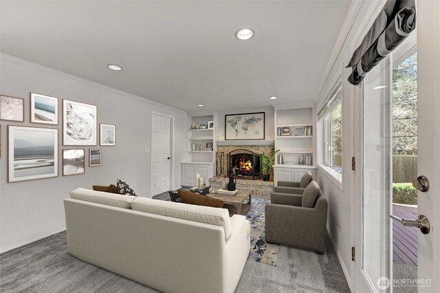 26225 Lake Wilderness Country Club Dr SE, Maple Valley, WA 98038 - living room with recessed lighting, carpet floors, a brick fireplace, and baseboards