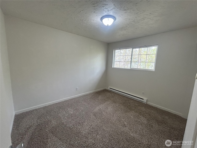 unfurnished room with carpet floors, a baseboard radiator, baseboards, and a textured ceiling