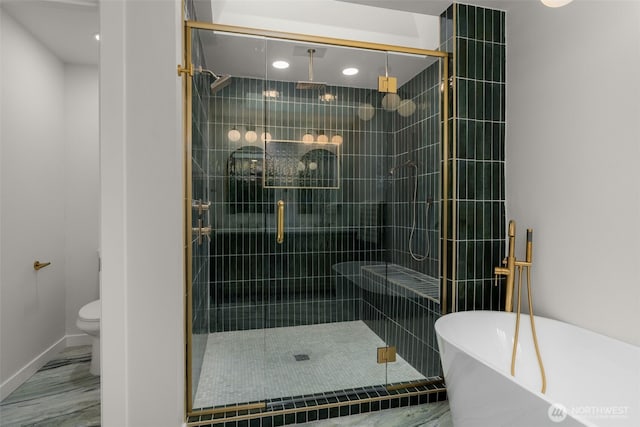 107 219th Pl SE, Bothell, WA 98021 - bathroom featuring toilet, a stall shower, a soaking tub, baseboards, and recessed lighting