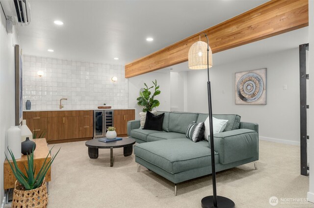107 219th Pl SE, Bothell, WA 98021 - living room featuring wine cooler, a wall mounted AC, light colored carpet, and recessed lighting