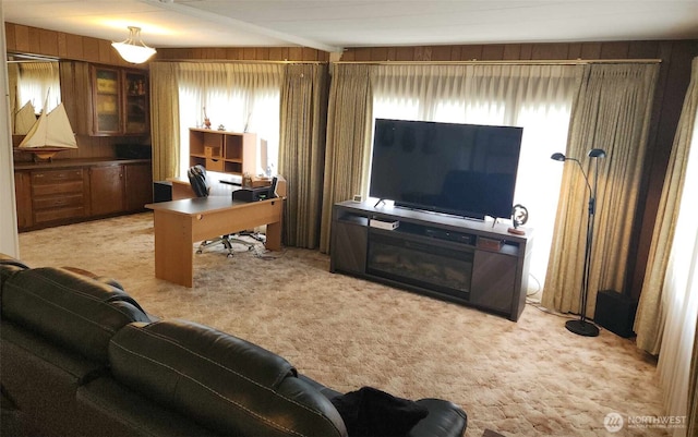office featuring wood walls, carpet, and plenty of natural light