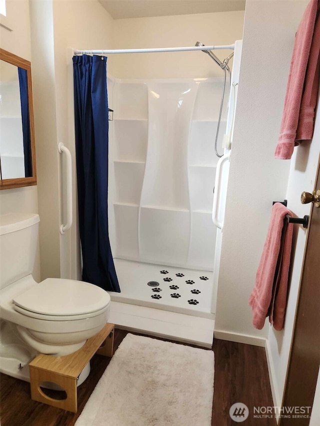full bathroom featuring a shower stall, wood finished floors, baseboards, and toilet
