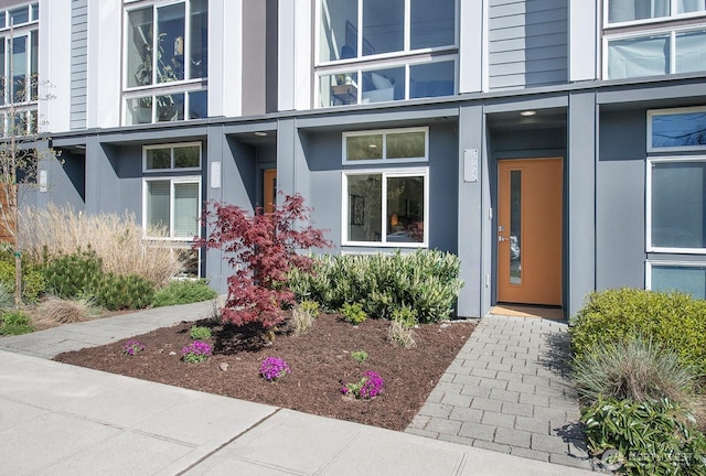 doorway to property with stucco siding