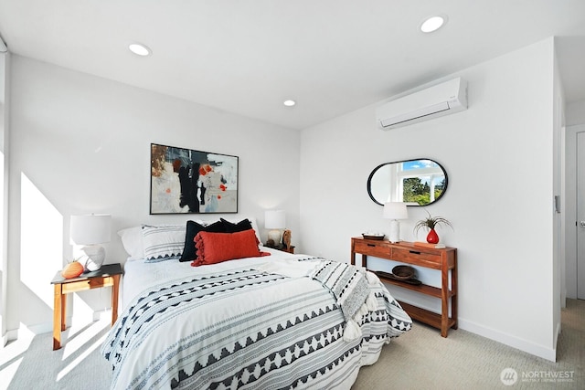 bedroom with baseboards, recessed lighting, carpet flooring, and a wall unit AC