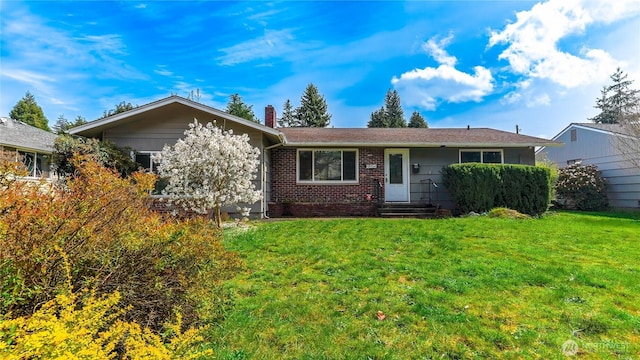 2125 N Highland St, Tacoma, WA 98406 - ranch-style home featuring brick siding, a front lawn, and a chimney