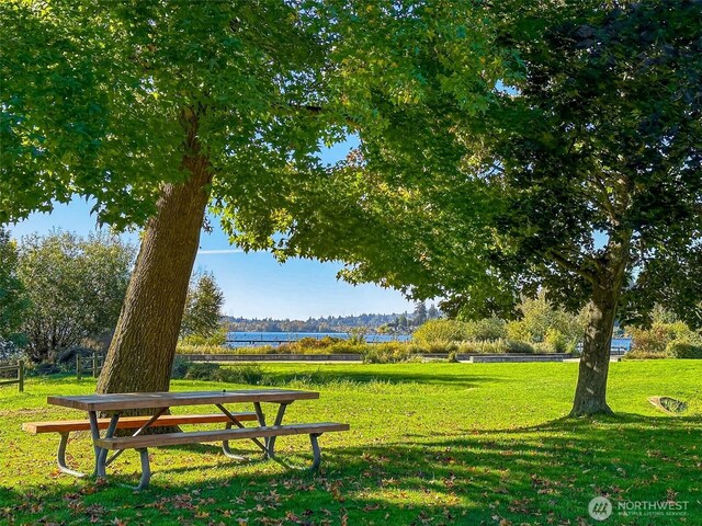 view of home's community featuring a water view and a lawn