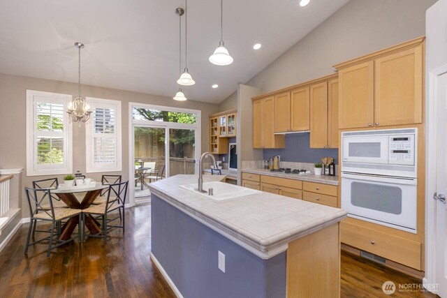 1231 148th Pl SE, Mill Creek, WA 98012 - kitchen featuring white appliances, a sink, tile counters, light brown cabinets, and dark wood-type flooring