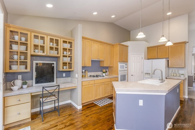 1231 148th Pl SE, Mill Creek, WA 98012 - kitchen featuring a sink, light countertops, high vaulted ceiling, white appliances, and dark wood-style flooring