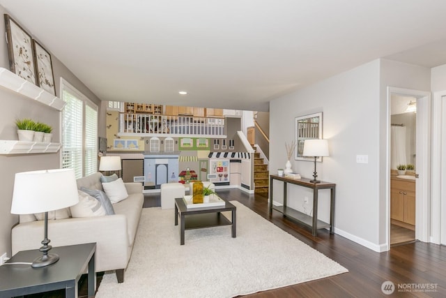 1231 148th Pl SE, Mill Creek, WA 98012 - living area featuring wood finished floors, stairs, baseboards, and recessed lighting