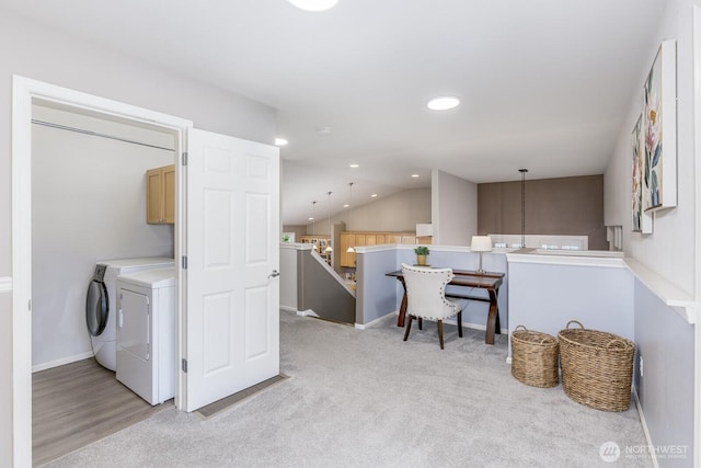 1231 148th Pl SE, Mill Creek, WA 98012 - laundry area with cabinet space, independent washer and dryer, baseboards, recessed lighting, and light carpet