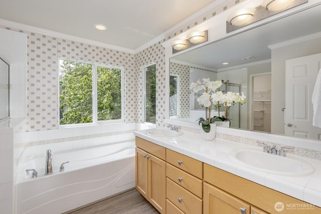 1231 148th Pl SE, Mill Creek, WA 98012 - full bathroom featuring ornamental molding, double vanity, a bath, a spacious closet, and a shower