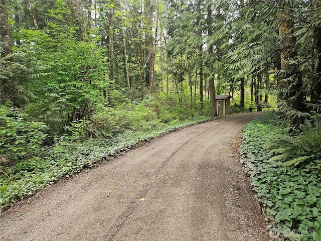 view of street with a forest view