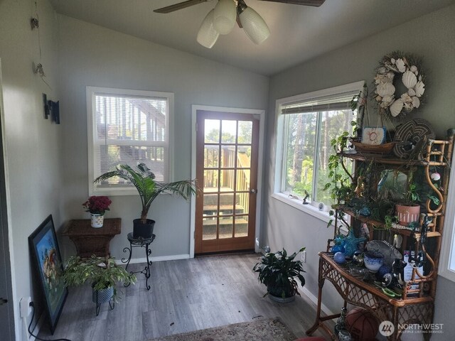 4751 State Route 109, Moclips, WA 98562 - doorway to outside with lofted ceiling, baseboards, wood finished floors, and ceiling fan