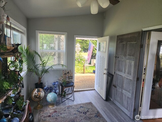 4751 State Route 109, Moclips, WA 98562 - entrance foyer with wood finished floors, lofted ceiling, and a ceiling fan