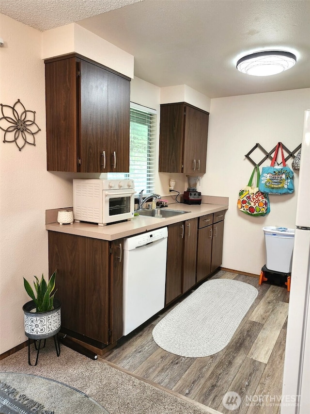 kitchen with white appliances, dark brown cabinets, a sink, and light wood-style floors