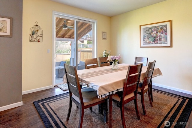 dining area with dark wood-type flooring, baseboards, and a ceiling fan