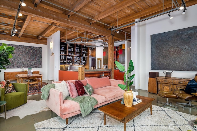 living area featuring rail lighting, wooden ceiling, and beam ceiling