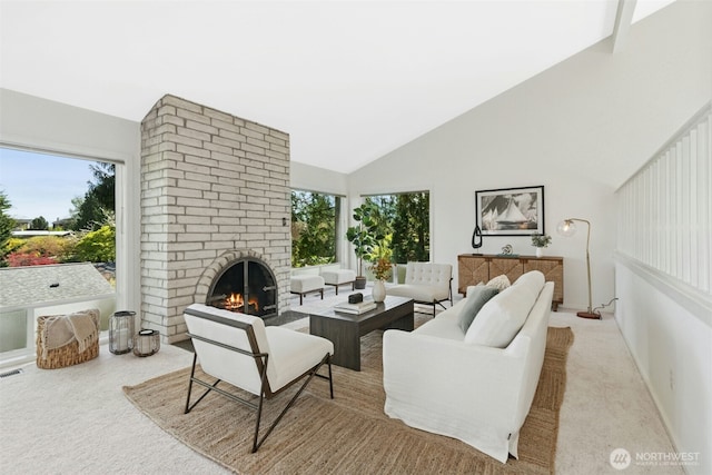 9376 Mercerwood Dr, Mercer Island, WA 98040 - living room featuring high vaulted ceiling, a brick fireplace, visible vents, and carpet