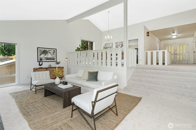 9376 Mercerwood Dr, Mercer Island, WA 98040 - carpeted living room featuring vaulted ceiling with beams, stairs, and a notable chandelier