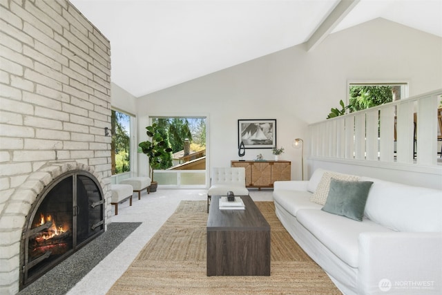9376 Mercerwood Dr, Mercer Island, WA 98040 - living area with high vaulted ceiling, a wealth of natural light, a brick fireplace, and light carpet