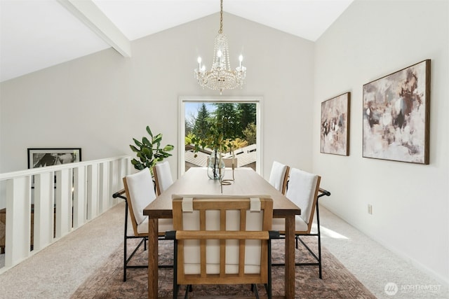 9376 Mercerwood Dr, Mercer Island, WA 98040 - carpeted dining room featuring vaulted ceiling with beams and a notable chandelier