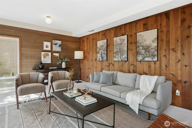 9376 Mercerwood Dr, Mercer Island, WA 98040 - living room with wood walls and carpet flooring