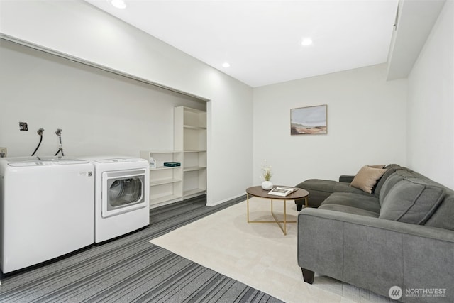 9376 Mercerwood Dr, Mercer Island, WA 98040 - laundry room featuring washing machine and clothes dryer, baseboards, recessed lighting, and laundry area