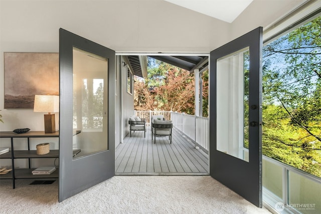 9376 Mercerwood Dr, Mercer Island, WA 98040 - doorway to outside with lofted ceiling, carpet flooring, and visible vents