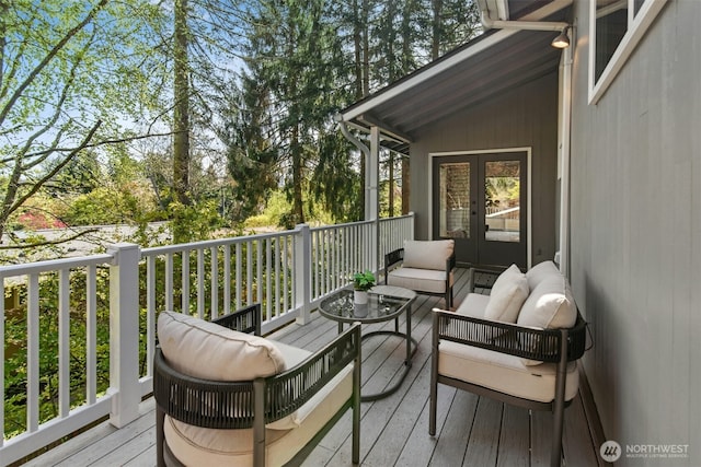 9376 Mercerwood Dr, Mercer Island, WA 98040 - wooden deck featuring an outdoor hangout area and french doors