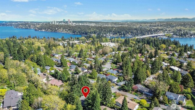 9376 Mercerwood Dr, Mercer Island, WA 98040 - bird's eye view featuring a water view, a residential view, and a wooded view